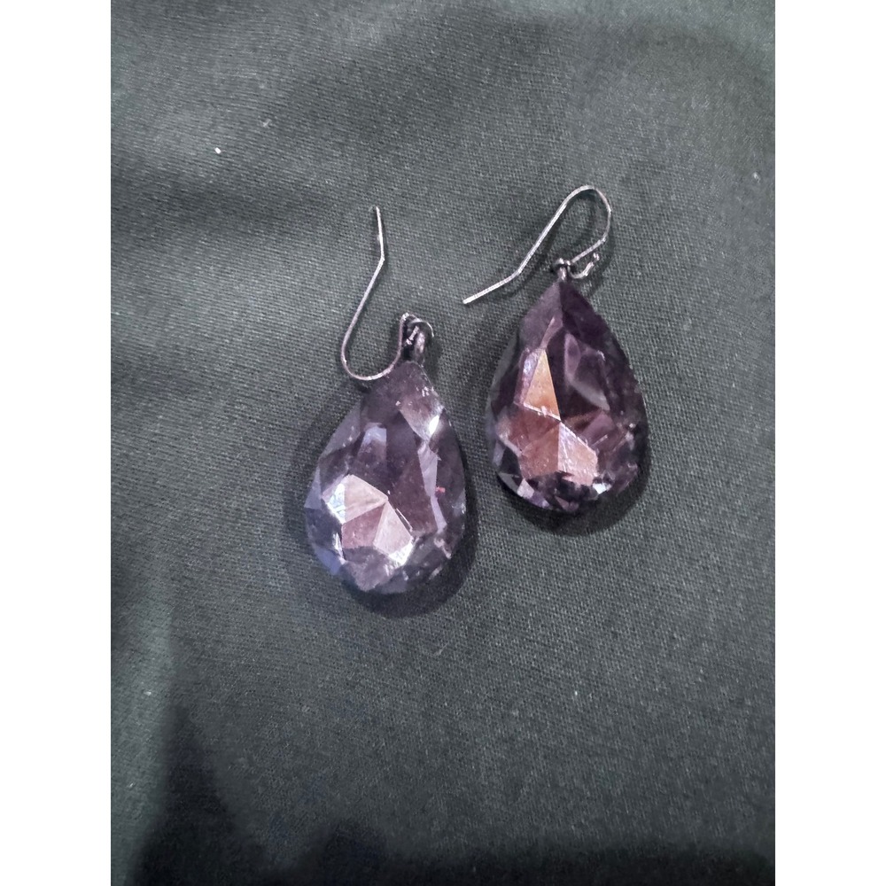 Purple Faceted Glass Teardrop Earrings Gunmetal Fishhook Dangle Drop Women